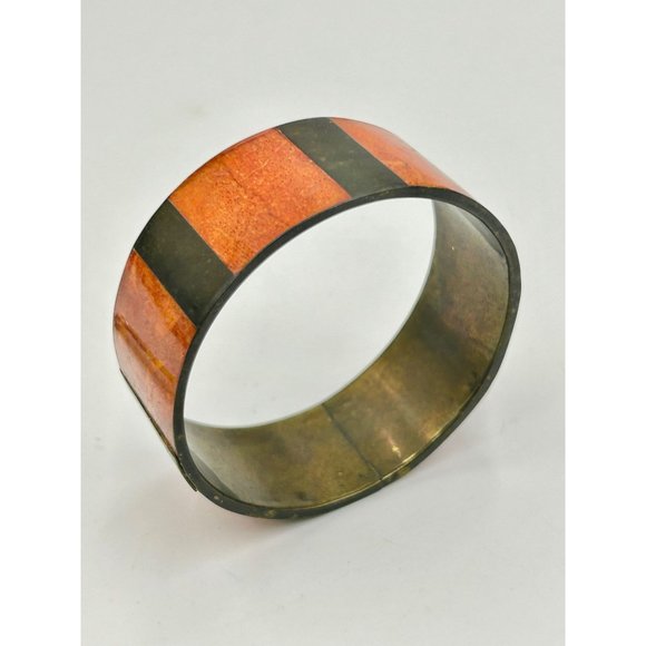 Vintage Apple Coral Sponge Coral Inlay Brass Bangle Bracelet Wide Ethnic Jewelry - Picture 7 of 8